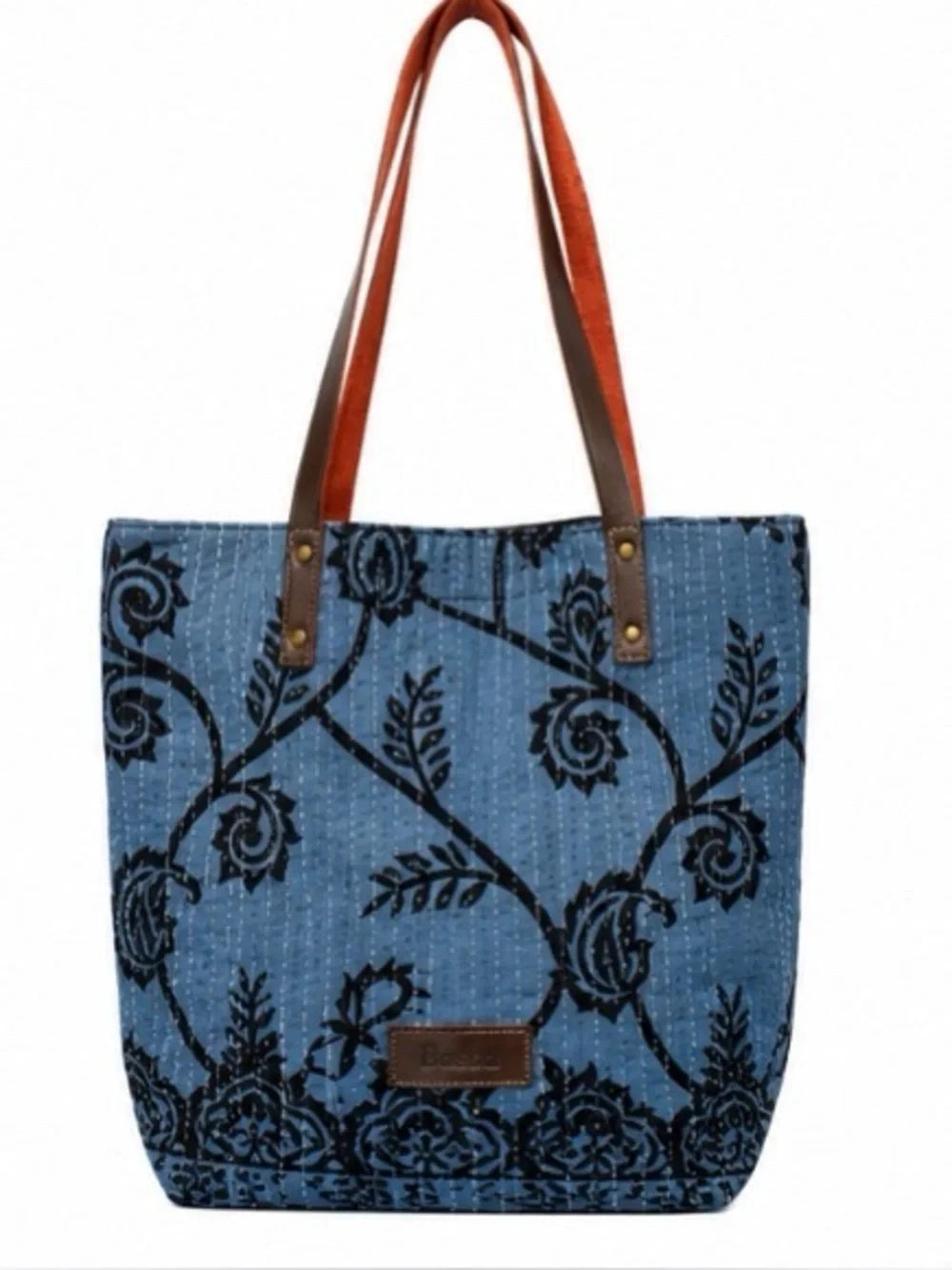 Basha Handmade Reclaimed Sari Cloth Quilted Tote Bag Blue Floral Leather Straps